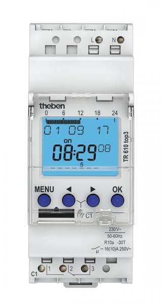 Photo TR 610 TOP3 - Interrupteur horaire digital modulaire. fixation sur rail DIN, 2 Modules. Programme 24h/7jrs. Tension 230V. 1 contact 16A. 56 pas de programme. Programmation possible par Bluetooth via carte 9070130 en option | Ref : 6100130