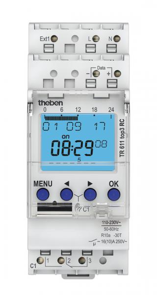 Photo TR 611 TOP3 RC - Interrupteur horaire digital modulaire. fixation sur rail DIN, 2 Modules. Programme 24h/7jrs. Tension 230V. 1 contact 16A. 84 pas de programme. 1 entrée externe pour dérogation. Radiosynchronisation. | Ref : 6110330