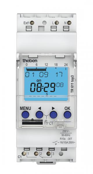 Photo TR 611 TOP 3 BLISTER - Interrupteur horaire digital modulaire. fixation sur rail DIN, 2 Modules. Programme 24h/7jrs. Tension 230V. 1 contact 16A. 84 pas de programme. 1 entre externe pour drogation.Compatible Obelisk top3 | Ref : 6110403