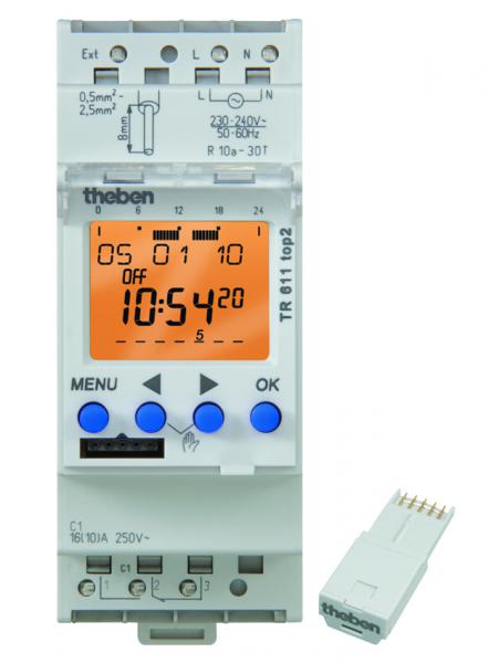 Photo TR 611 TOP2 24V - Interrupteur horaire digital modulaire. fixation sur rail DIN, 2 Modules. Programme 24h/7jrs. Tension 24V. 1 contact 16A. 84 pas de programme. 1 entrée externe pour dérogation. | Ref : 6114100