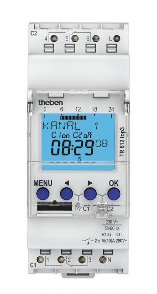 Photo TR 612 TOP3 - Interrupteur horaire digital modulaire. fixation sur rail DIN, 2 Modules. Programme 24h/7jrs. Tension 230V. 2 contact 16A. 56 pas de programme. Programmation possible par Bluetooth via carte 9070130 en option. | Ref : 6120130