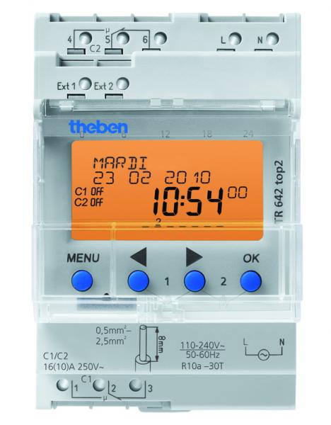 Photo TR 642 TOP2 - Interrupteur horaire digital modulaire. fixation sur rail DIN, 3 Modules. Programme annuel. Tension 230V. 2 contacts 16A. 800 pas de programme. 2 entres externes pour drogation. | Ref : 6420100