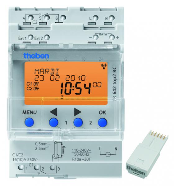 Photo TR642 TOP2 RC - Interrupteur horaire digital modulaire. fixation sur rail DIN, 3 Modules. Programme annuel. Tension 230V. 2 contacts 16A. 800 pas de programme. 2 entres externes pour drogation. Radio synchronisable | Ref : 6420300