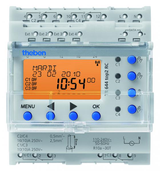 Photo TR 644 TOP2 RC - Interrupteur horaire digital modulaire. fixation sur rail DIN, 4 Modules. Programme annuel. Tension 230V. 4 contacts 16A. 800 pas de programme. 4 entrées externes pour dérogation. Radio synchronisable | Ref : 6440300