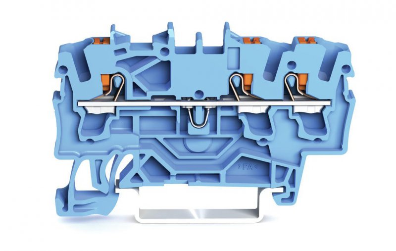 Photo Borne de passage pour 3 conducteurs; avec poussoir; 2,5 mm; avec ouverture de test; pour applications Ex i; Marquage latral et central; Pour rail 35 x 15 et 35 x 7,5; Push-in CAGE CLAMP; 2,50 mm; bleu | Ref : 22021304