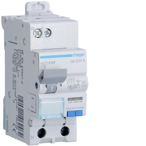 Photo Disjoncteur diffrentiel 1P+N 4.5-6kA courbe C - 16A 10mA type AC | Ref : ACC816F