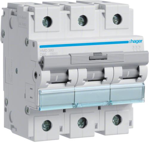 Photo Disjoncteur 3P 15kA courbe D - 80A 4.5 modules | Ref : HMD380