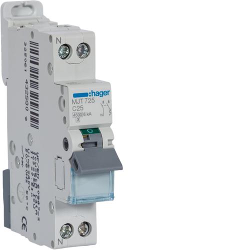 Photo Disjoncteur 1P+N 4.5-6kA courbe C - 25A 1 module | Ref : MJT725