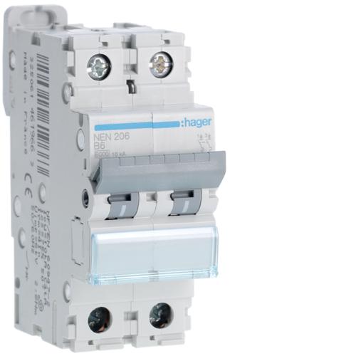 Photo Disjoncteur 2P 6-10kA courbe B-6A 2 modules | Ref : NEN206
