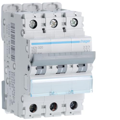 Photo Disjoncteur 3P 6-10kA courbe B - 20A 3 modules | Ref : NEN320
