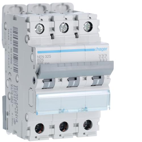 Photo Disjoncteur 3P 6-10kA courbe B - 25A 3 modules | Ref : NEN325