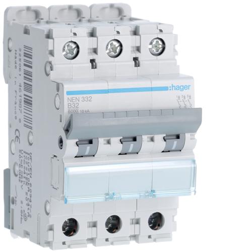 Photo Disjoncteur 3P 6-10kA courbe B - 32A 3 modules | Ref : NEN332