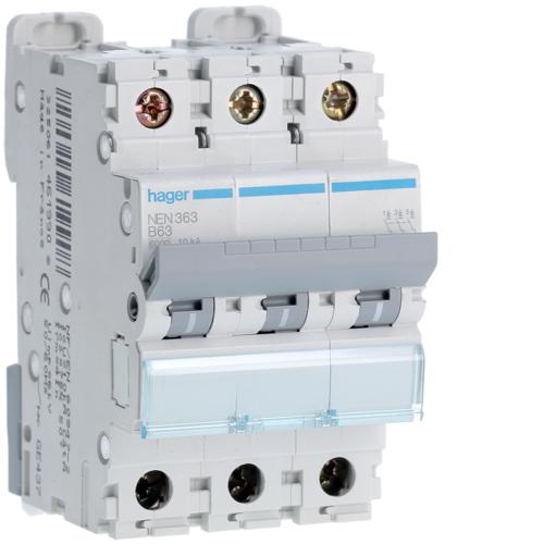 Photo Disjoncteur 3P 6-10kA courbe B - 63A 3 modules | Ref : NEN363