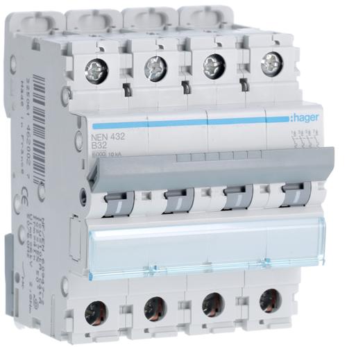 Photo Disjoncteur 4P 6-10kA courbe B - 32A 4 modules | Ref : NEN432