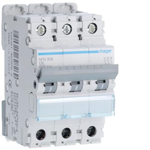 Photo Disjoncteur 3P 6-10kA courbe C - 6A 3 modules | Ref : NFN306