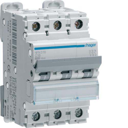 Photo Disjoncteur 3P 6-10kA courbe C - 16A 3 modules | Ref : NFN316