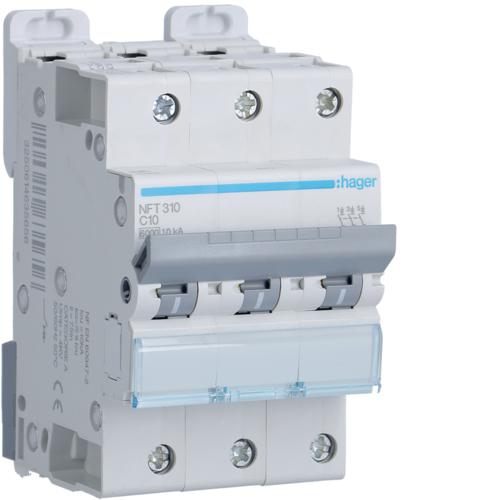 Photo Disjoncteur 3P 6-10kA courbe C - 10A 3 modules | Ref : NFT310