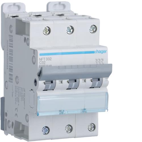 Photo Disjoncteur 3P 6-10kA courbe C - 32A 3 modules | Ref : NFT332