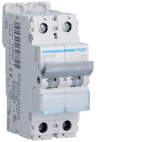 Photo Disjoncteur 2P 6-10kA courbe D - 1A 2 modules | Ref : NGN201