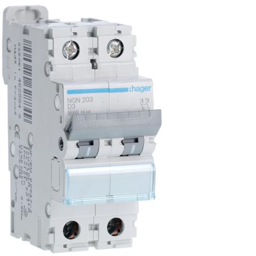 Photo Disjoncteur 2P 6-10kA courbe D - 3A 2 modules | Ref : NGN203