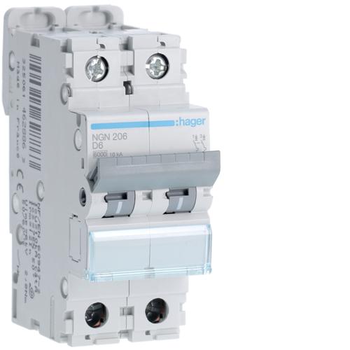 Photo Disjoncteur 2P 6-10kA courbe D - 6A 2 modules | Ref : NGN206