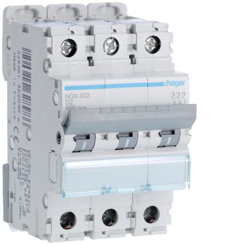 Photo Disjoncteur 3P 6-10kA courbe D - 2A 3 modules | Ref : NGN302
