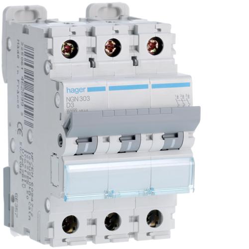 Photo Disjoncteur 3P 6-10kA courbe D - 3A 3 modules | Ref : NGN303