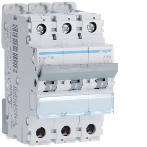 Photo Disjoncteur 3P 6-10kA courbe D - 6A 3 modules | Ref : NGN306