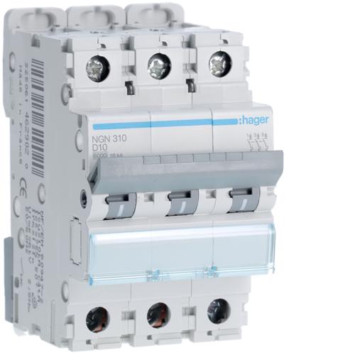 Photo Disjoncteur 3P 6-10kA courbe D - 10A 3 modules | Ref : NGN310