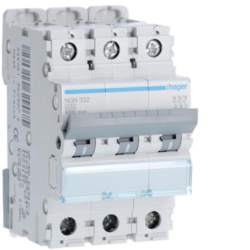 Photo Disjoncteur 3P 6-10kA courbe D - 32A 3 modules | Ref : NGN332
