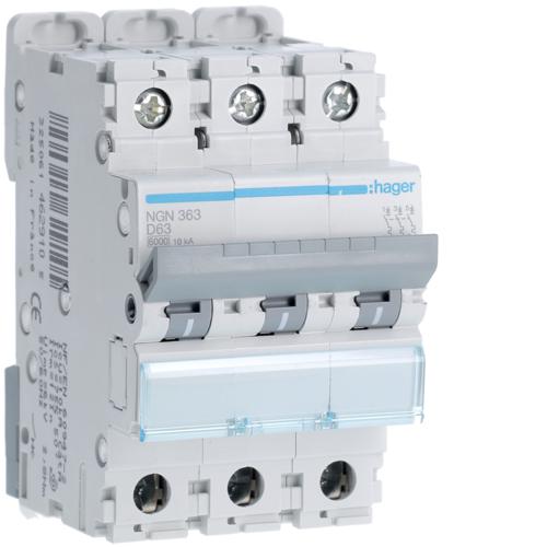 Photo Disjoncteur 3P 6-10kA courbe D - 63A 3 modules | Ref : NGN363