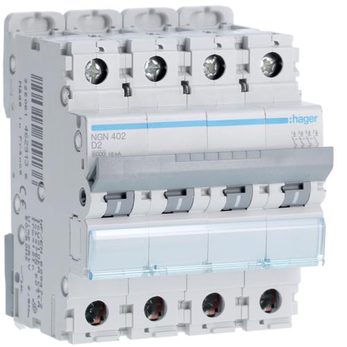 Photo Disjoncteur 4P 6-10kA courbe D - 2A 4 modules | Ref : NGN402