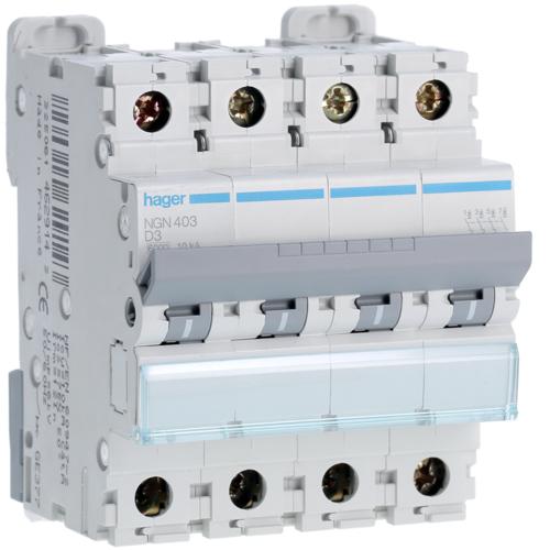 Photo Disjoncteur 4P 6-10kA courbe D - 3A 4 modules | Ref : NGN403