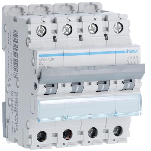 Photo Disjoncteur 4P 6-10kA courbe D - 6A 4modules | Ref : NGN406