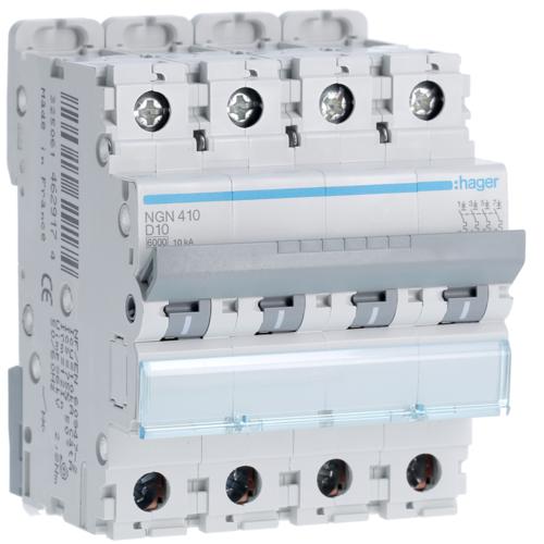 Photo Disjoncteur 4P 6-10kA courbe D - 10A 4 modules | Ref : NGN410