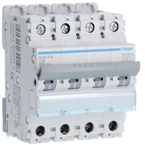Photo Disjoncteur 4P 6-10kA courbe D - 16A 4 modules | Ref : NGN416
