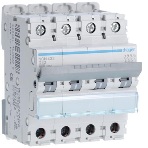 Photo Disjoncteur 4P 6-10kA courbe D - 32A 4 modules | Ref : NGN432