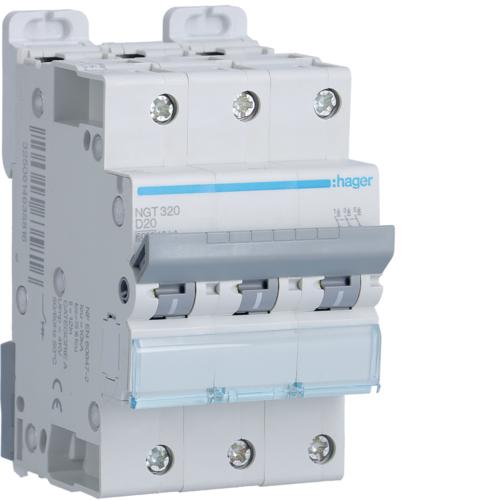 Photo Disjoncteur 3P 6-10kA courbe D - 20A 3 modules | Ref : NGT320
