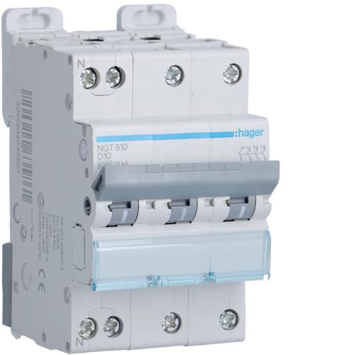 Photo Disjoncteur 3P+N 6-10kA courbe D - 10A 3 modules | Ref : NGT810