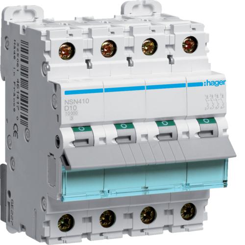 Photo Disjoncteur 4P 25kA courbe D - 10A 4 modules | Ref : NSN410
