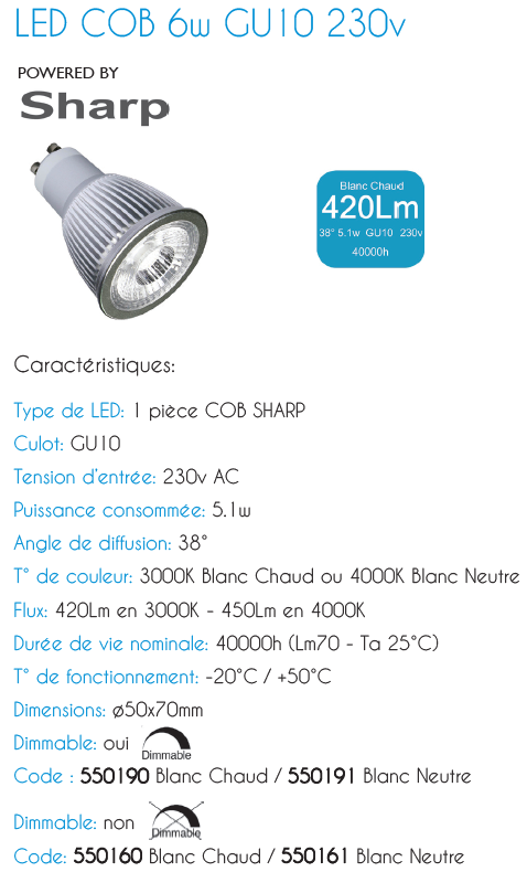 Vignette 3 produit Ref : 550161 | LPE LED GU10 6W SH 4000K