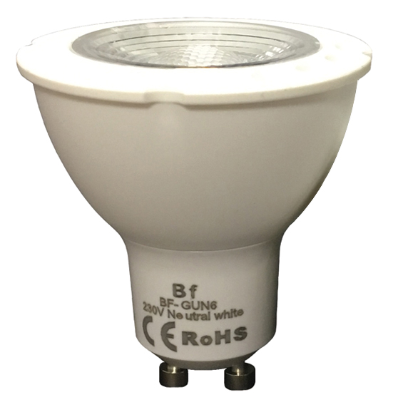 Photo Lampe type Gu10 - 6 Watts - 3000K - 540 Lumens - non dimmable - faisceau 45 - IP40 - CRI83 - PVC + Cramique blanc | Ref : BF-GUW6