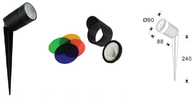 Photo spot piquet 10 watts/IP67/3000K/900lm/faisceau avec lentille 20sans lentille 60/4 filtres de couleurs inclus ambre-rouge-vert-bleu/AC100-240V/porte 4 a 5 metres/aluminium | Ref : BF-SPIKE2W
