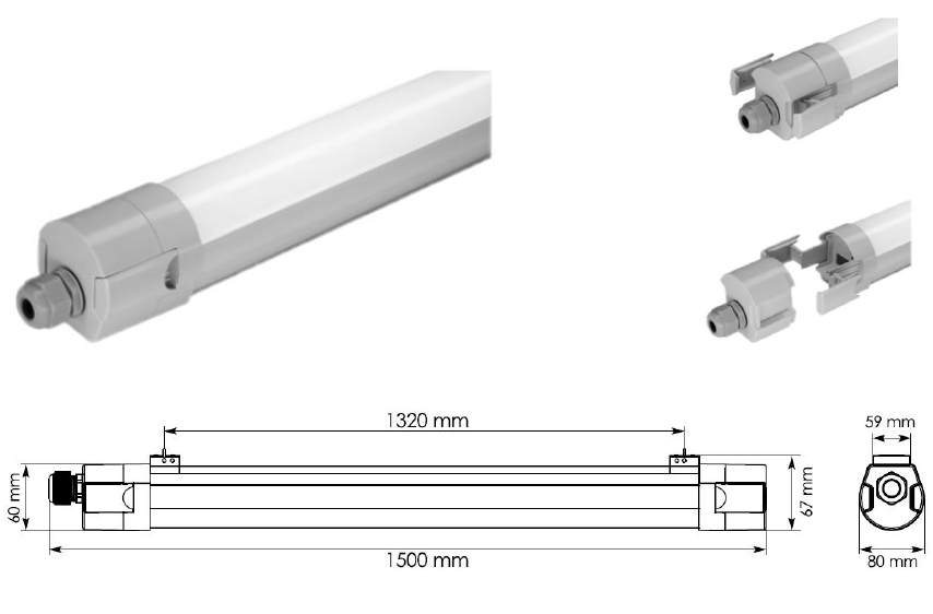 Photo luminaire etanche TRI-PROOF 60W /blanc neutre 4000K/140Lm/W 1500mm/interconnectable/IP65 | Ref : BF04150N
