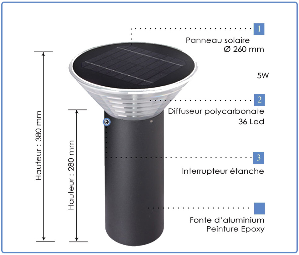Vignette 2 produit Borne solaire Dublin télécommandé 3CCT 3000°K /4000°K/6000°K | Ref : BF-SBL4
