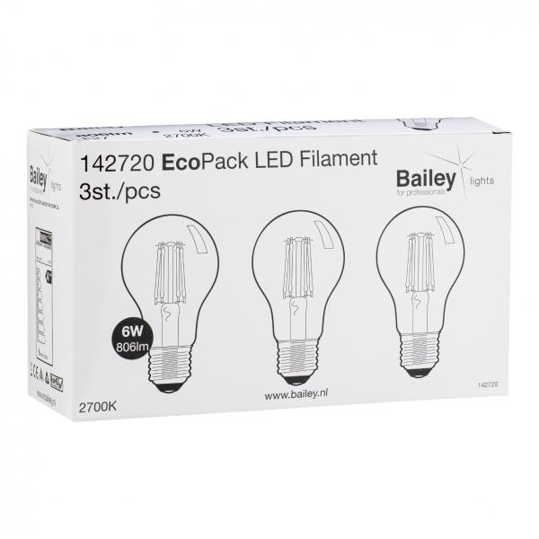 Photo BAI EcoPack 3pcs LED Filament Standard A60 E27 6W 2700K Clair 806lm (60W) 230V | Ref : 142720