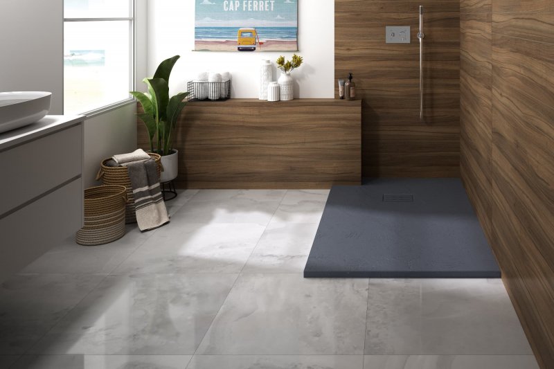 Photo Receveur Kinerock Evo 120X90 gris anthracite. texture minrale avec grille assortie et bonde extra-plate | Ref : RD9015A