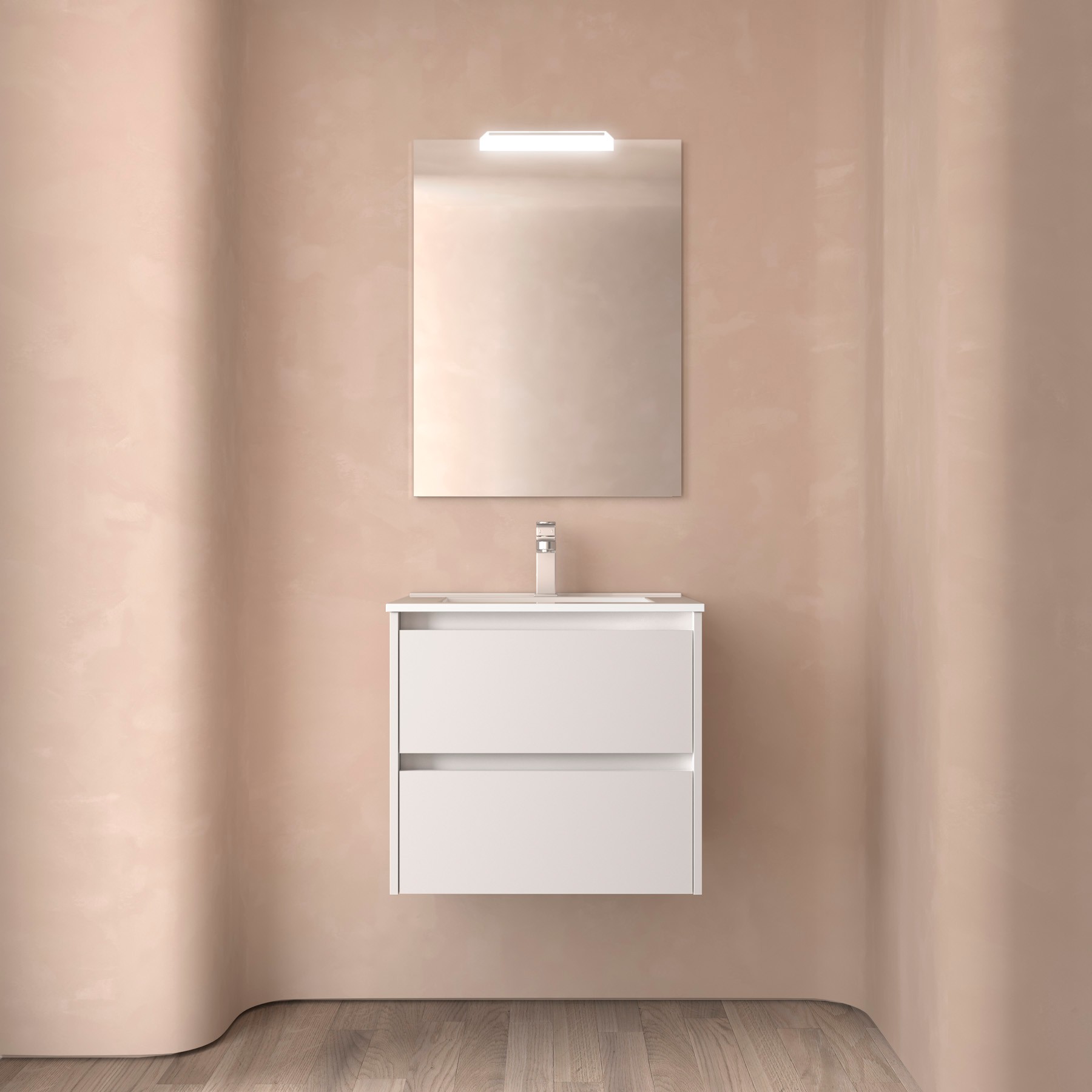 Photo Meuble salle de bain NOJA 600 2 tiroirs WHITE SATIN Vasque Miroir Applique | Ref : 105373