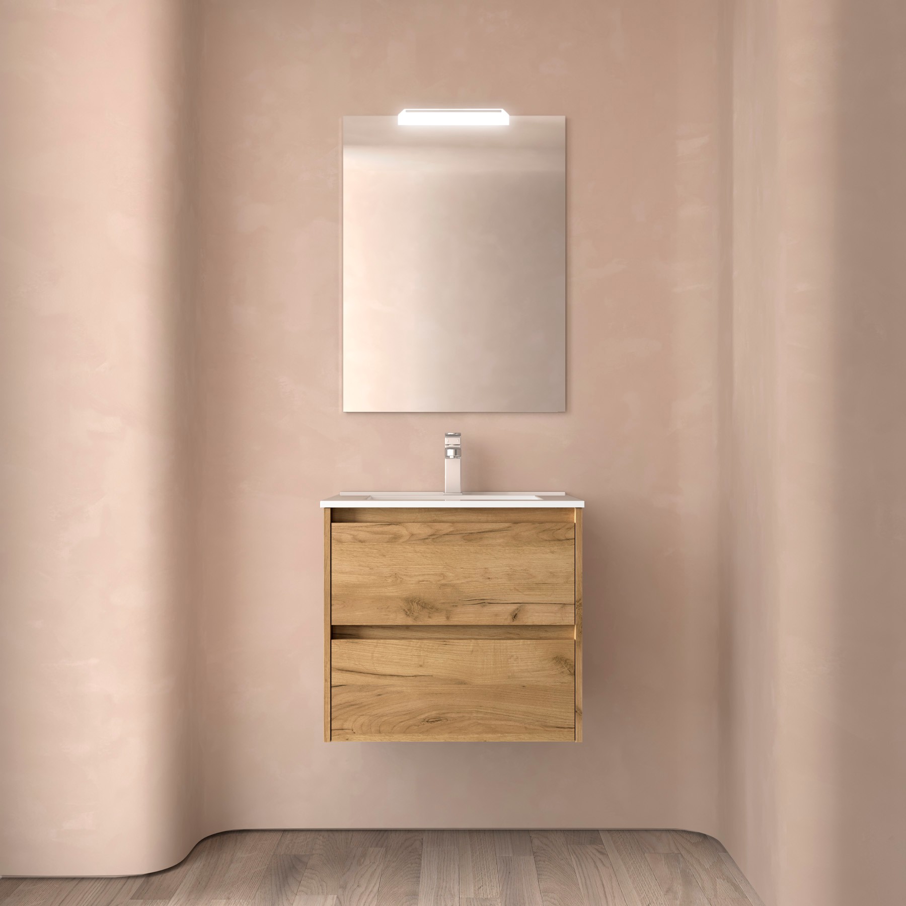 Photo Meuble salle de bain NOJA 600 2 tiroirs CHNE AFRICAIN Vasque Miroir Applique | Ref : 105379