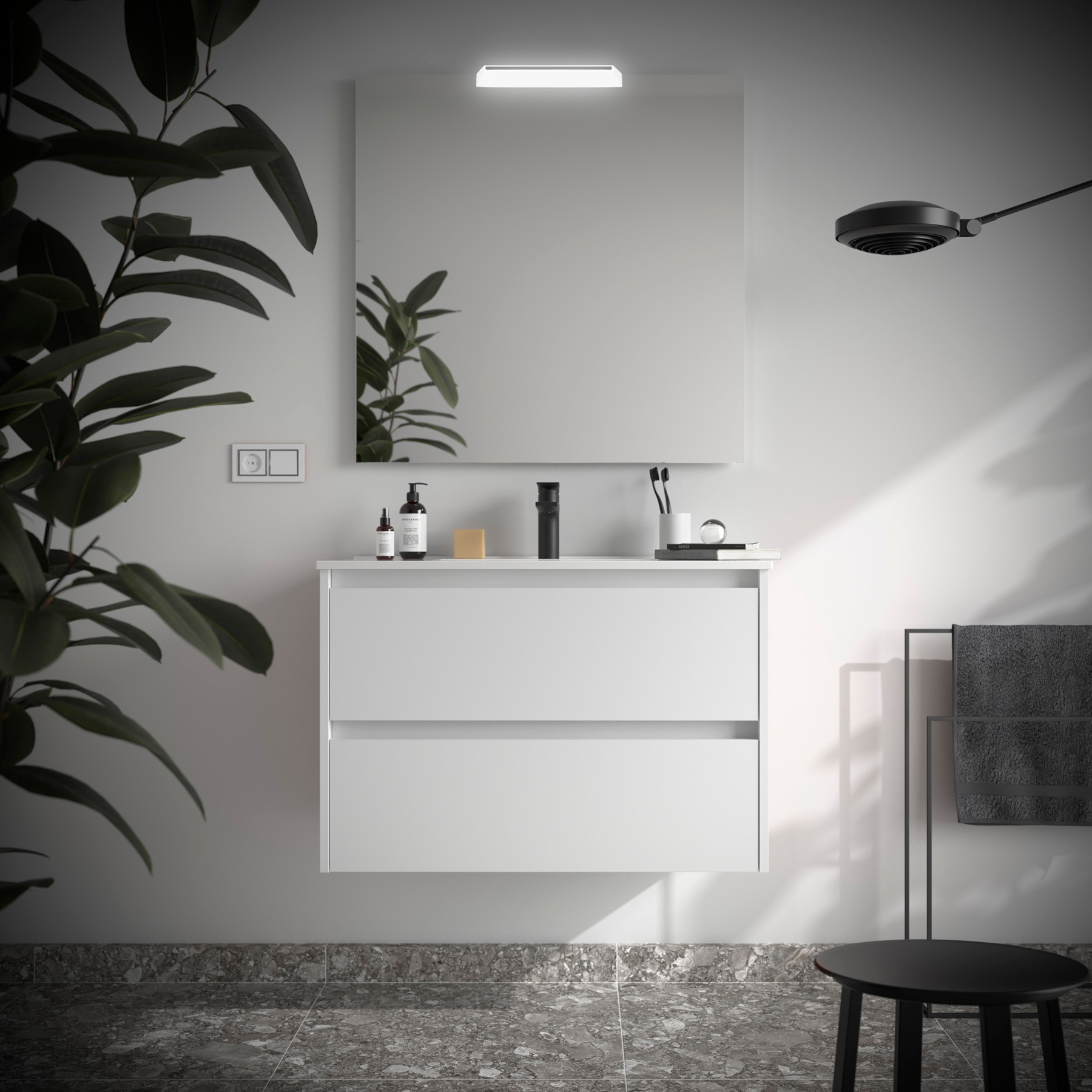 Photo Meuble salle de bain NOJA 800 2 tiroirs WHITE SATIN Vasque Miroir Applique | Ref : 105391